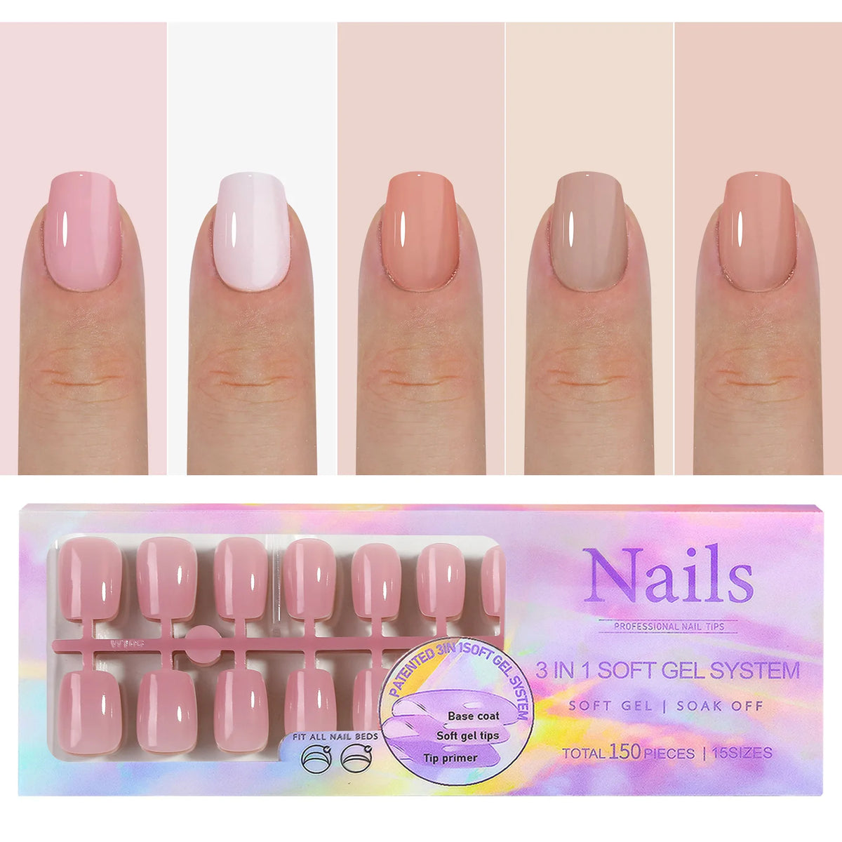 150 piezas de uñas postizas almendradas color nude – estilo ballet